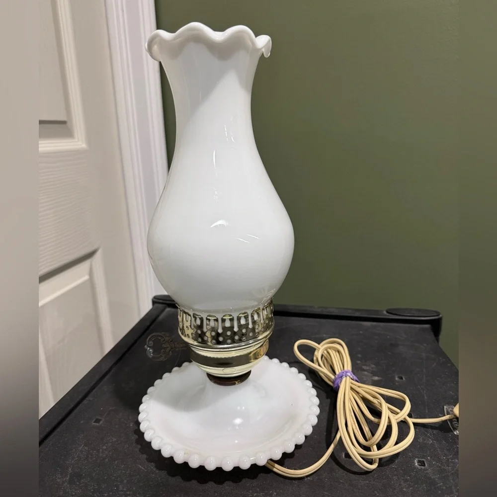 Milk Glass Hurricane Vanity Table Lamp Victorian Style Dogwood Ruffled Edge (2)